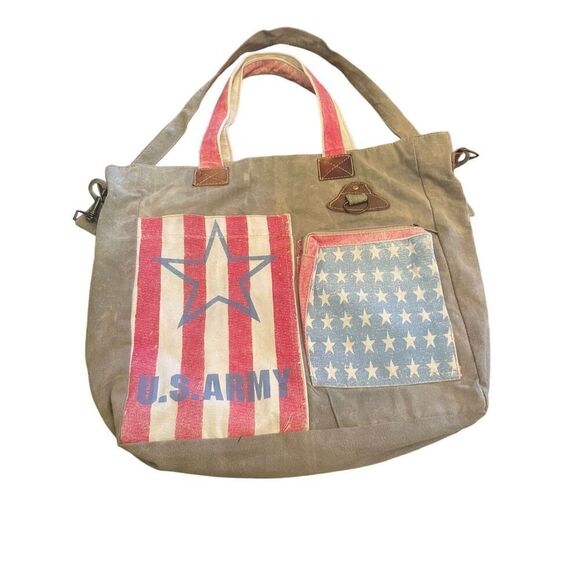The Barrel Shack Leather Recycled Canvas Tote Patriotic One Size-NWOT - Picture 4 of 16